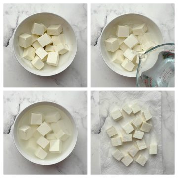 Step to soften the paneer by adding hot water to paneer cubes in a white bowl collage.