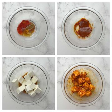 Step to coat the spices oil mixture to paneer cubes in a bowl collage.