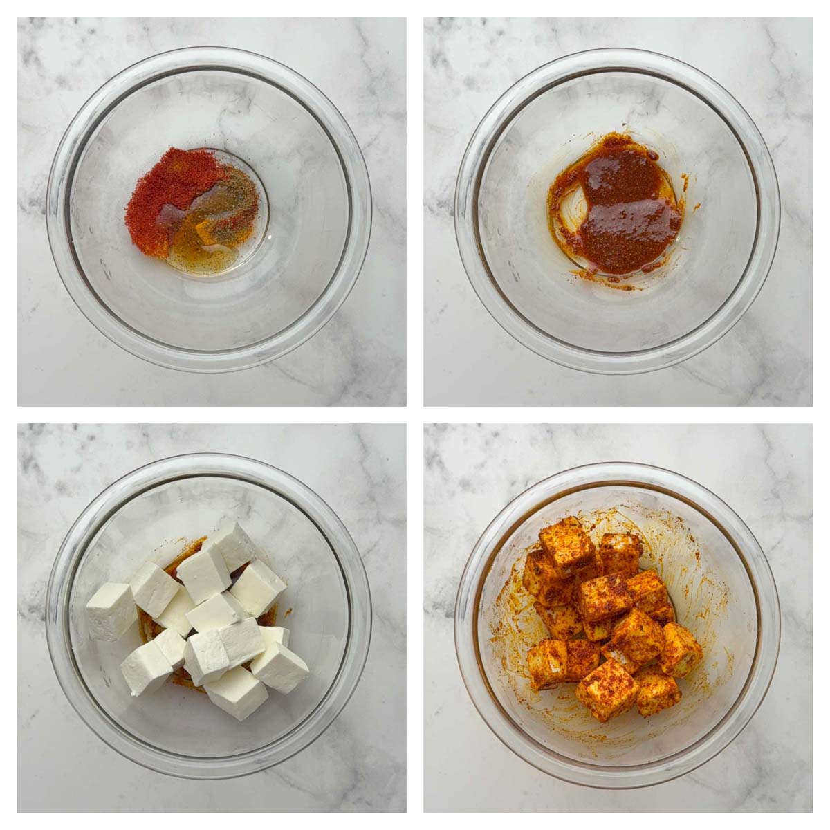 Step to coat the spices oil mixture to paneer cubes in a bowl collage.