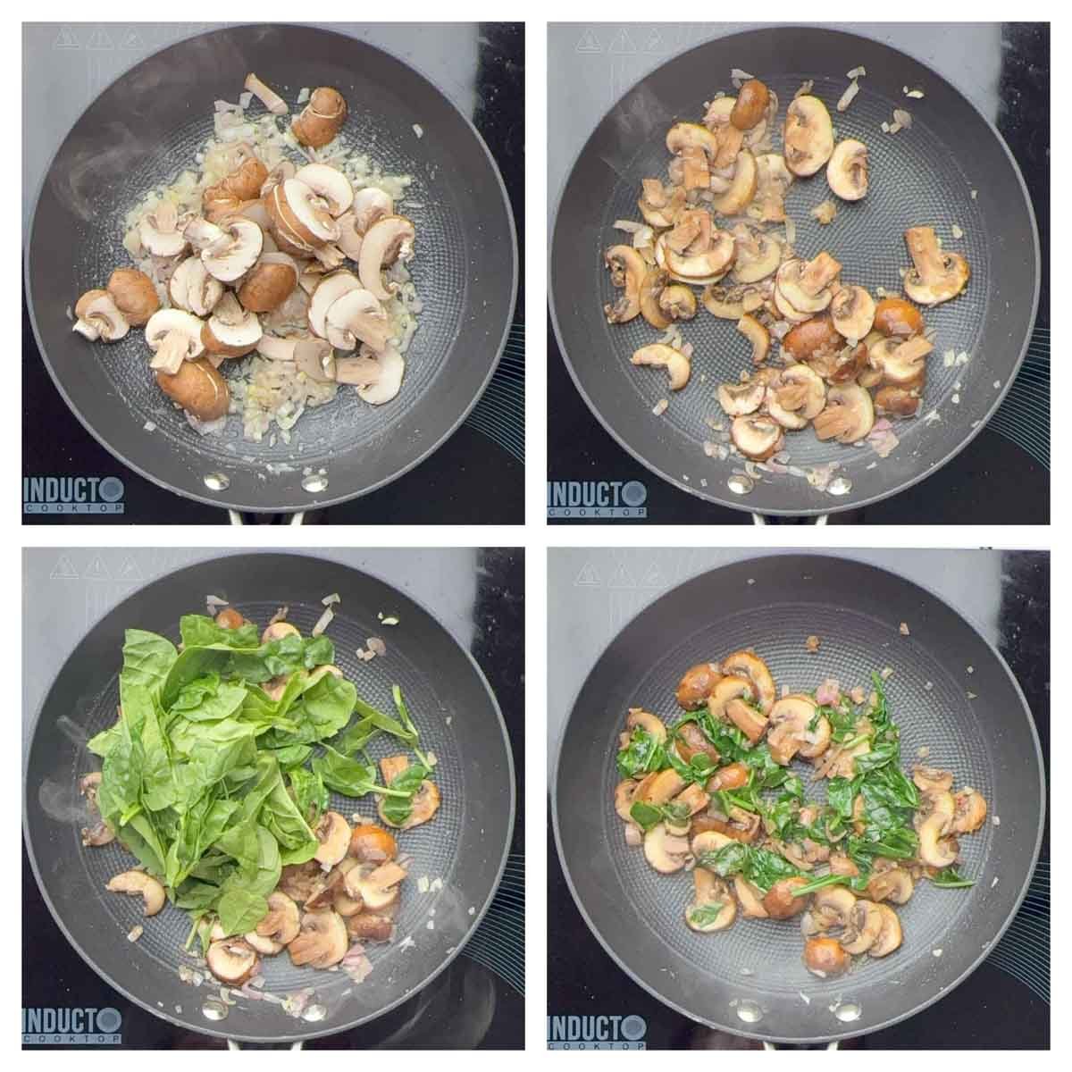 Step to saute mushrooms and spinach collage