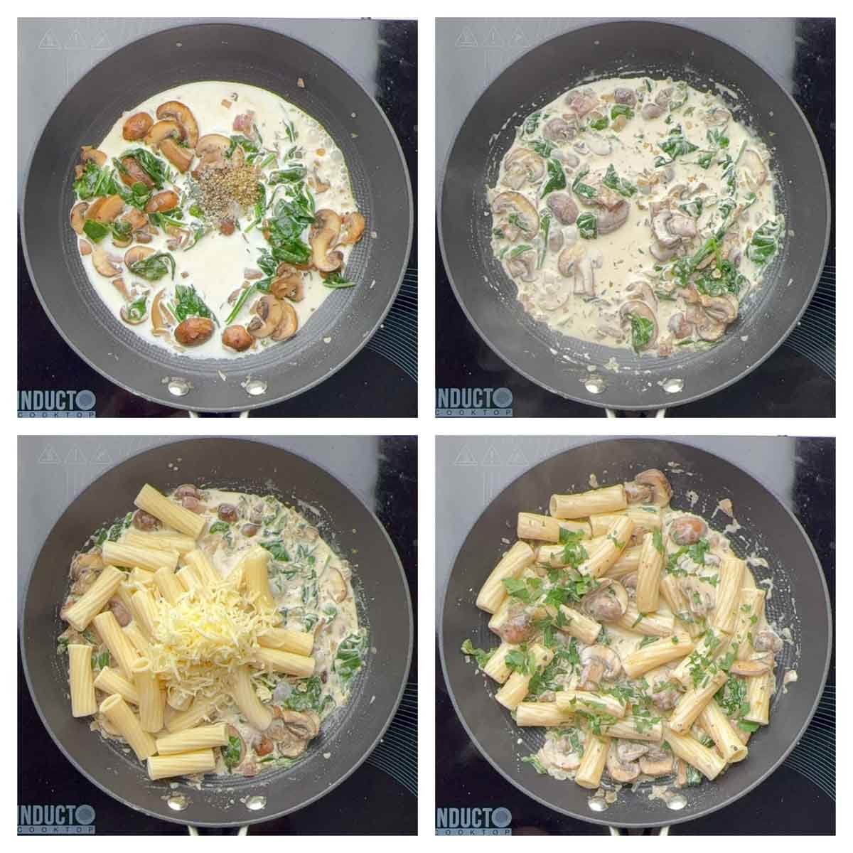 Step to add heavy cream, pasta and seasonings collage