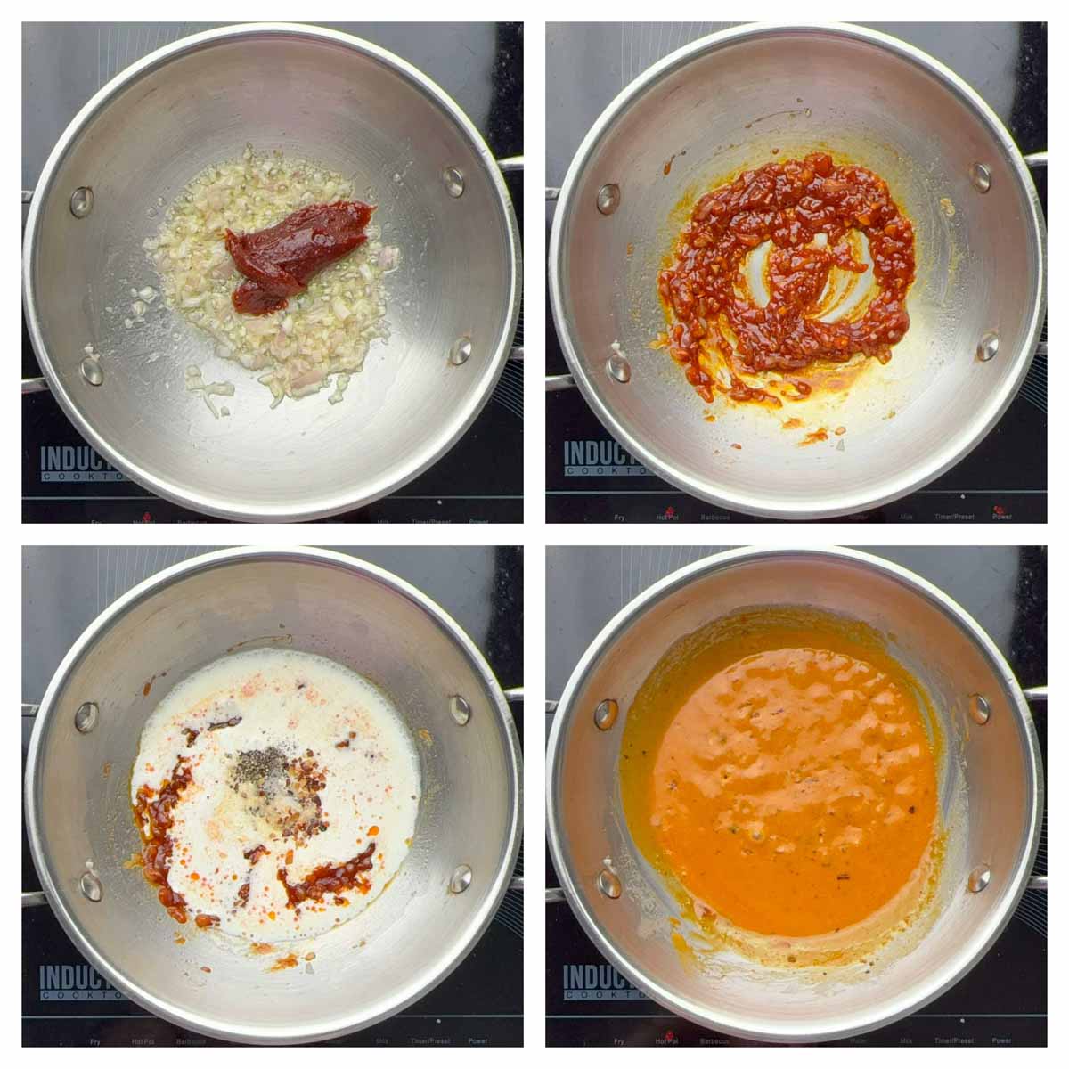 step to cook the gochujang paste along with heavy cream and seasonings collage.