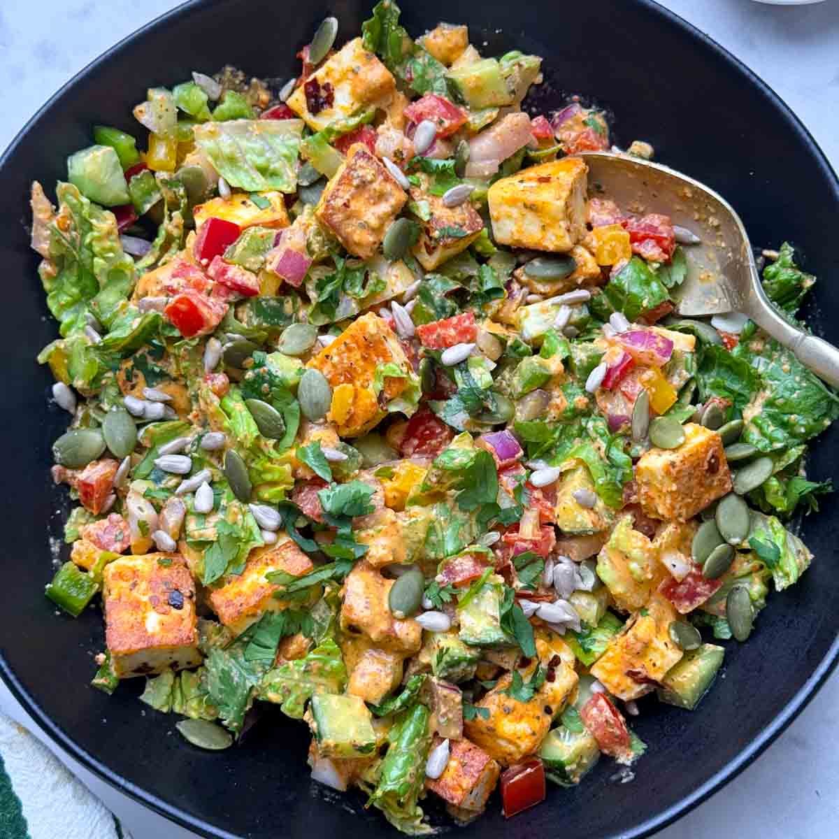 Spicy paneer salad served on a black bowl with fork on it and greek yogurt dressing on the side.