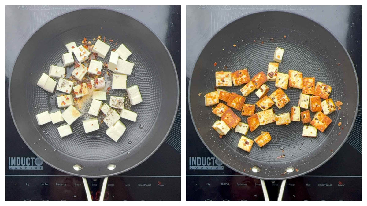 Step to saute paneer in a pan collage