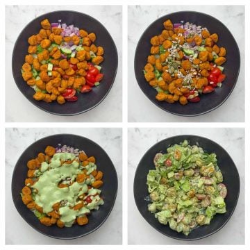 Step to add veggies, roasted soya chunks and dressing in a bowl collage.