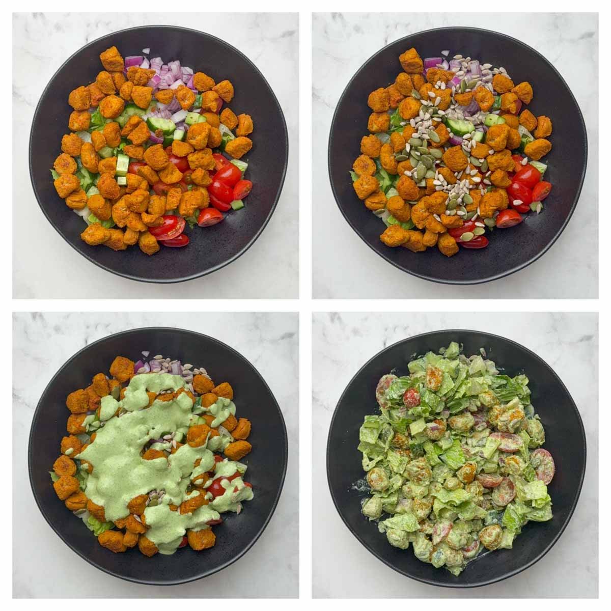 Step to add veggies, roasted soya chunks and dressing in a bowl collage.