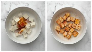 Step to add spices to cubed tofu in a bowl collage.