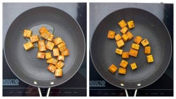 Steps to pan-fry tofu in a pan till golden brown collage