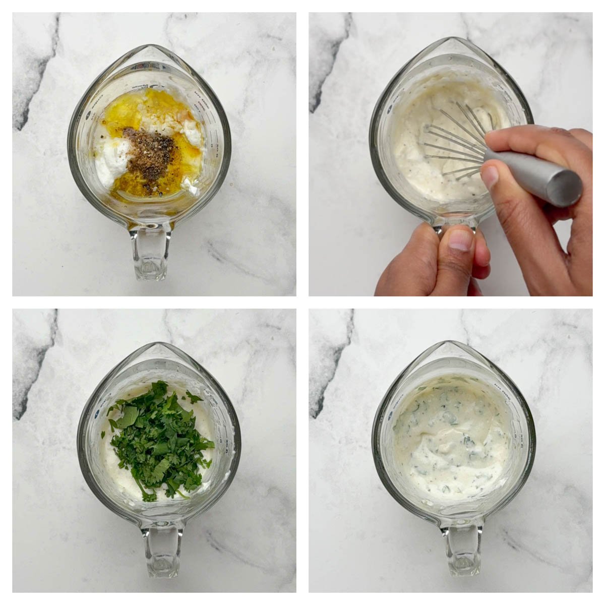 Step to prepare greek yogurt dressing in a glass bowl collage
