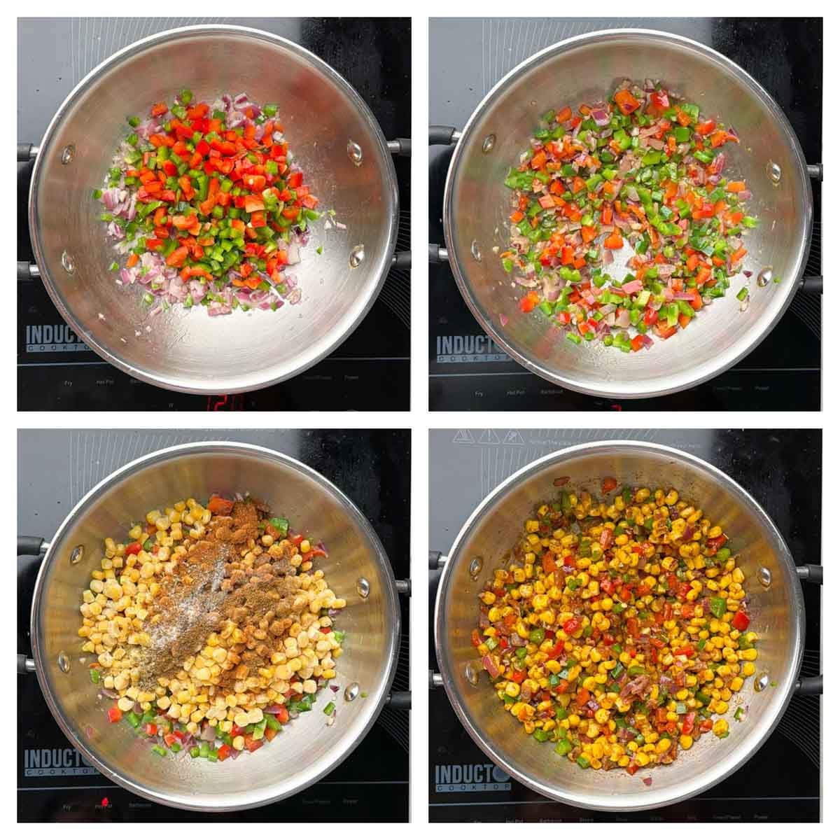 Ste to saute bell peppers, corn and spices together collage