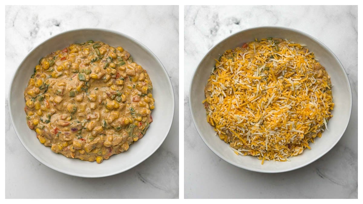 Step to add the masala corn dip to a oven safe bowl, top it with cheese and bake collage