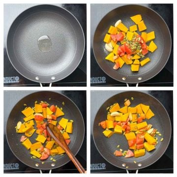 Step to saute veggies like pumpkin, garlic and tomatoes collage.