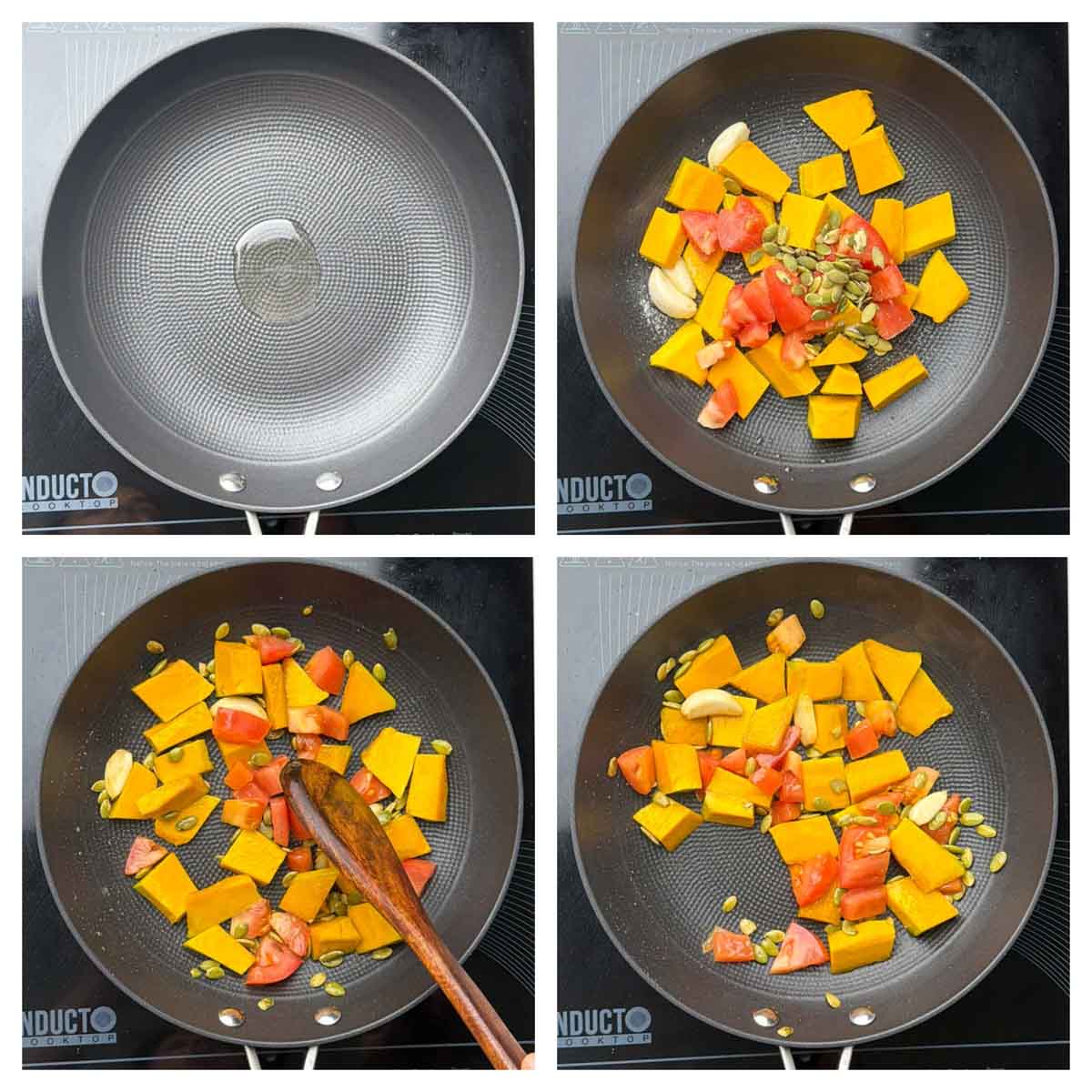 Step to saute veggies like pumpkin, garlic and tomatoes collage.