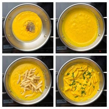 Step to add the pumpkin pasta sauce to the pan, add spices and add boiled pasta collage