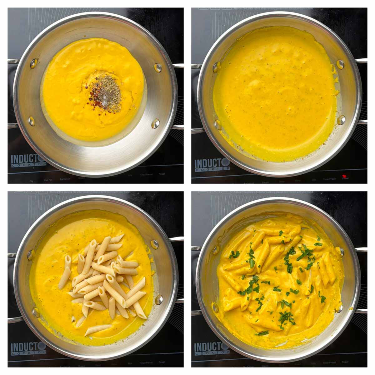 Step to add the pumpkin pasta sauce to the pan, add spices and add boiled pasta collage