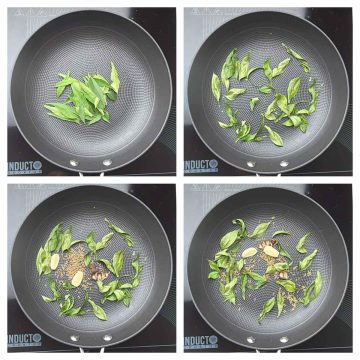 Step to dry roast curry leaves and spices like cumin seeds collage