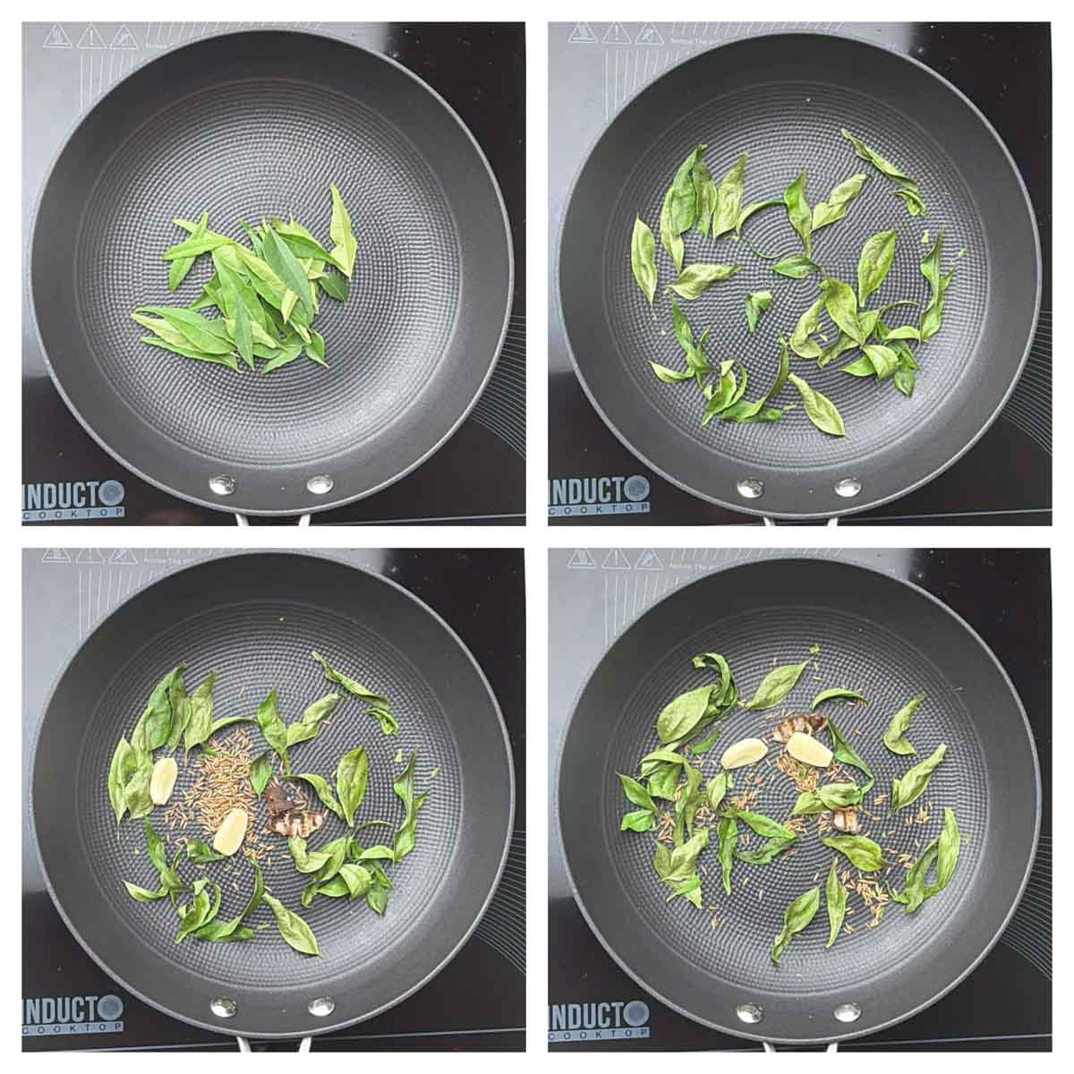 Step to dry roast curry leaves and spices like cumin seeds collage