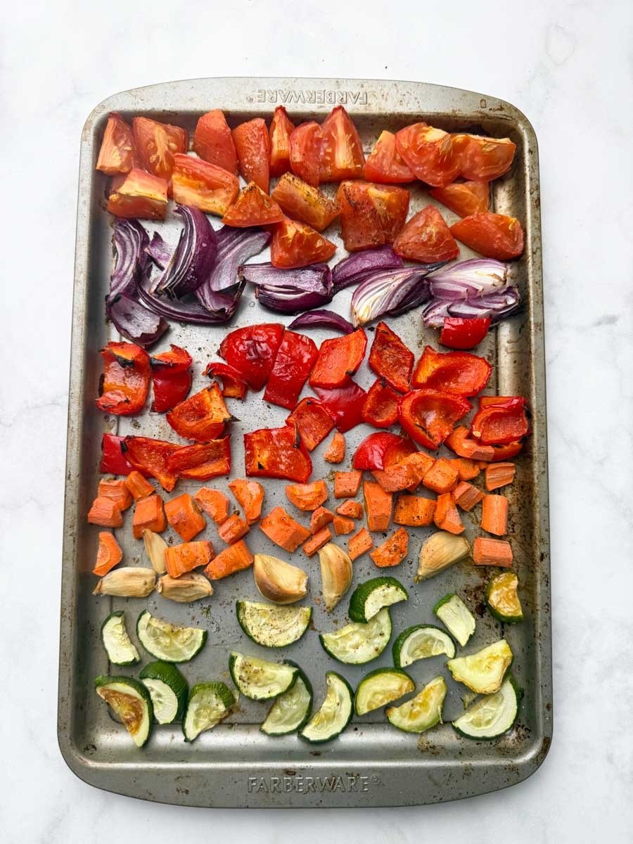 Baked veggies on the baking tray.