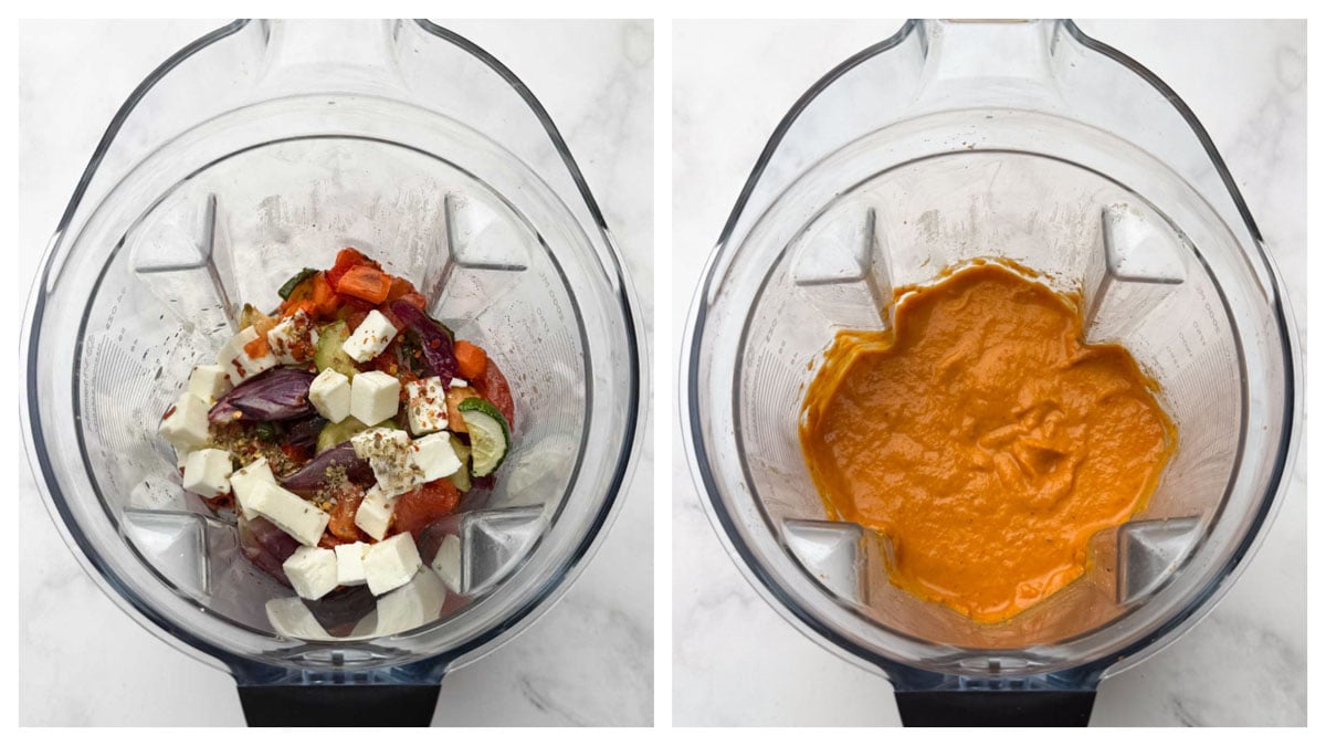 Step to add roasted veggies with paneer and seasoning in the vitamix blender and blend to make a puree collage