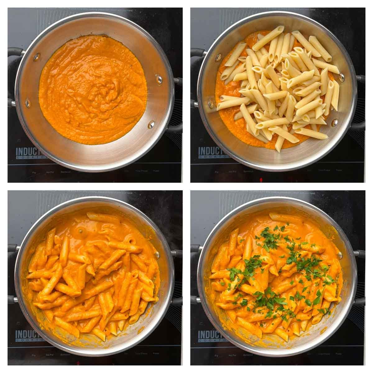 Step to cook boiled pasta with hidden veggie sauce collage.