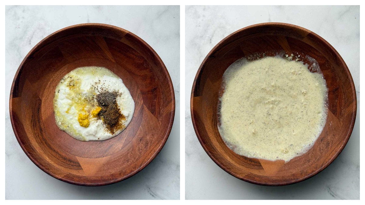 Step to make yogurt dressing in a wide wooden bowl collage