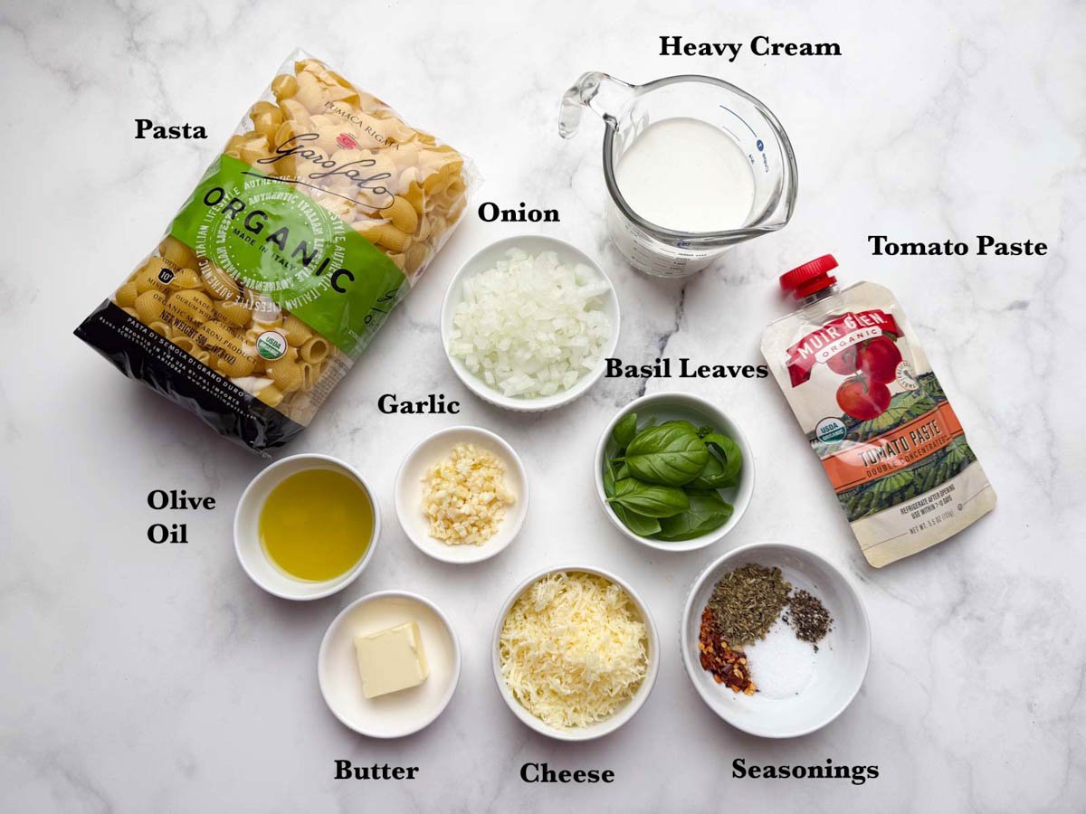Creamy tomato pasta with tomato paste ingredients.