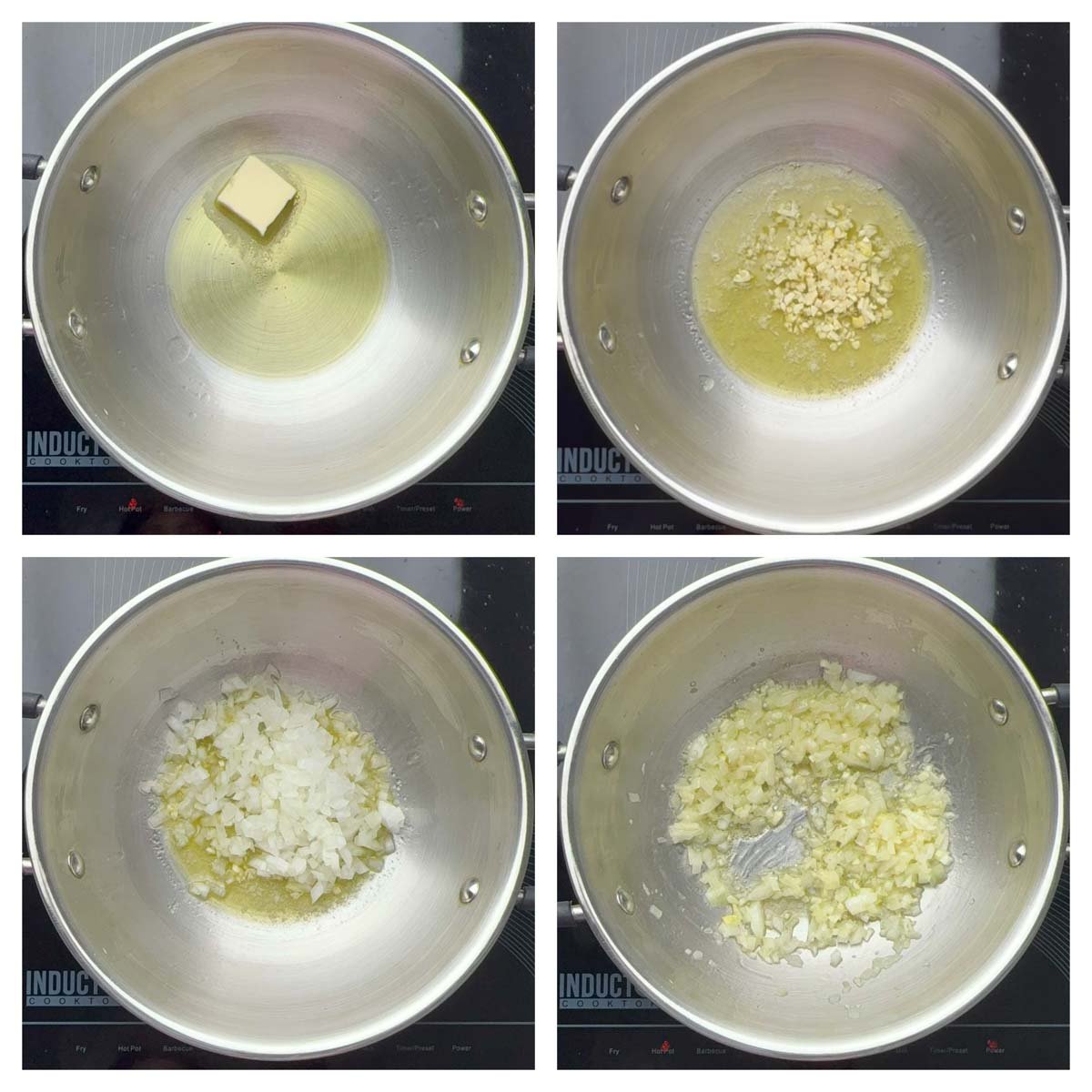 Step to saute garlic and onion in butter and olive oil collage.