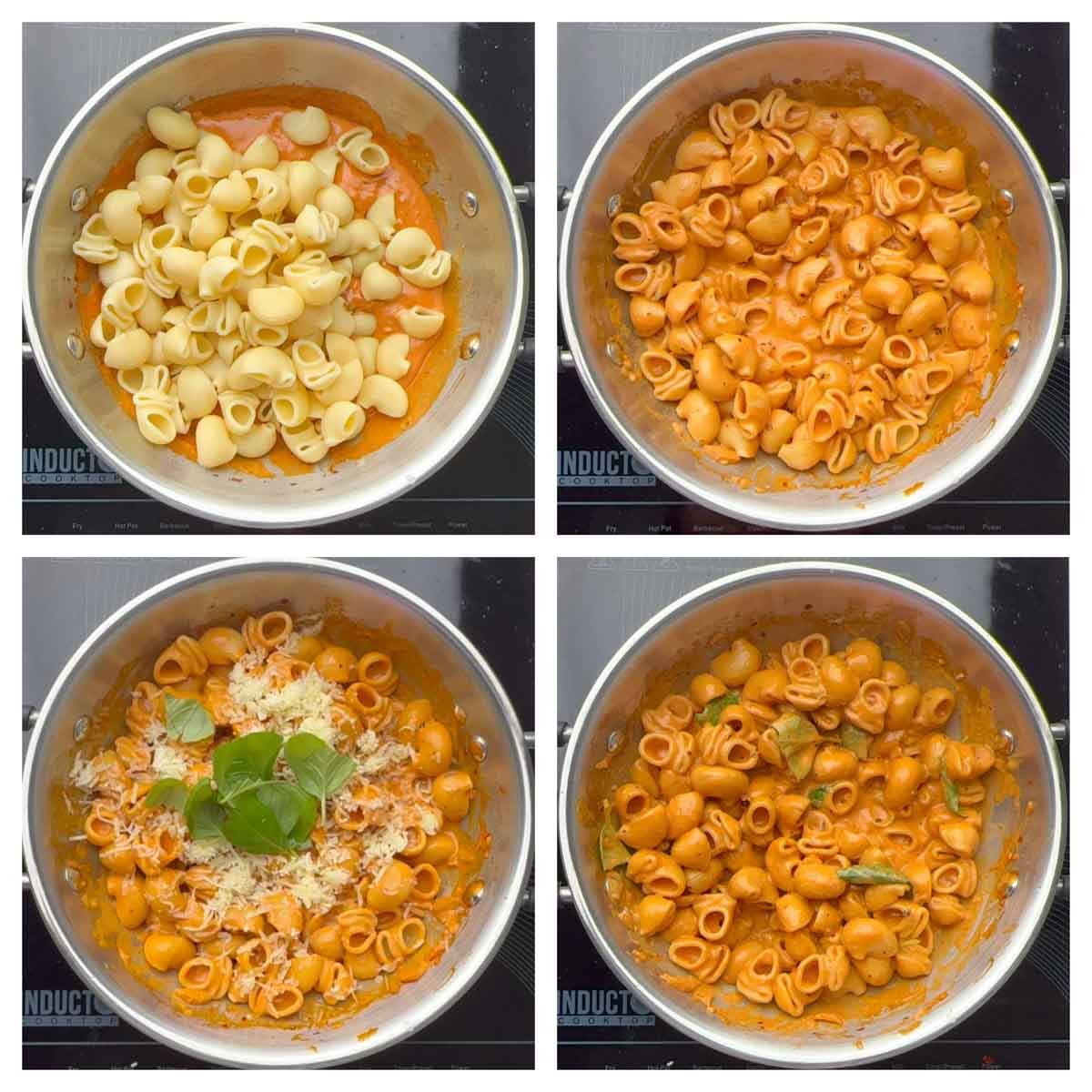 Step to add boiled pasta, cheese and basil collage