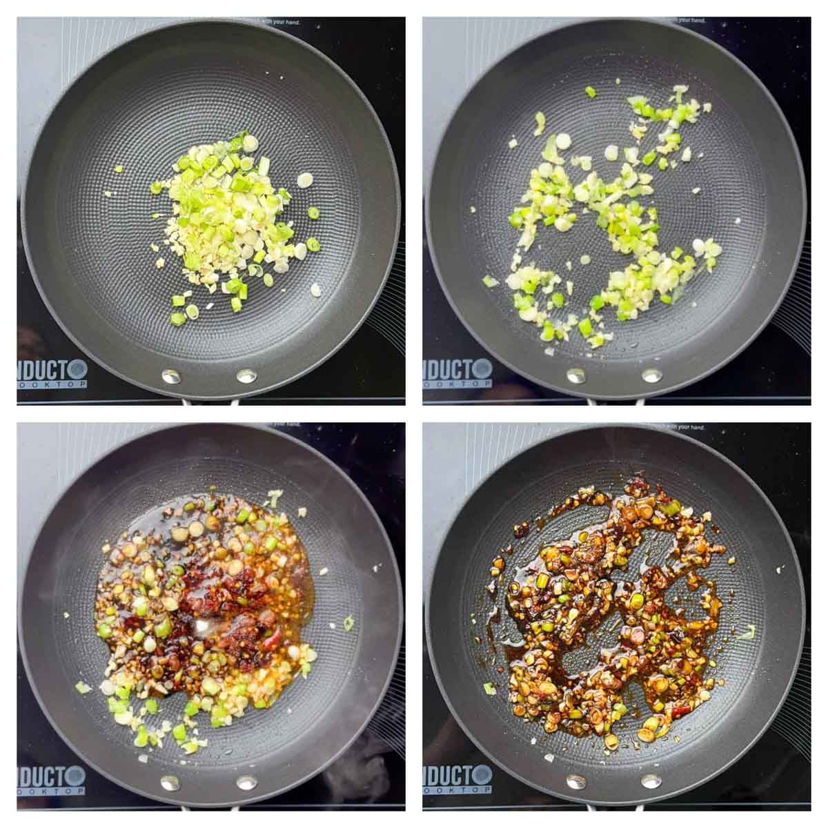 Step to cook onions, garlic and sauces in a pan for chili oil noodles collage