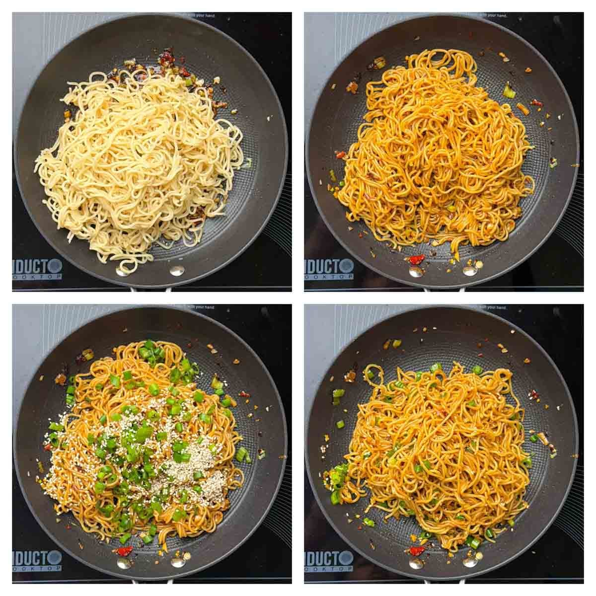 Step to add boiled noodles, toss and garnish with spring green onions and sesame seeds collage.
