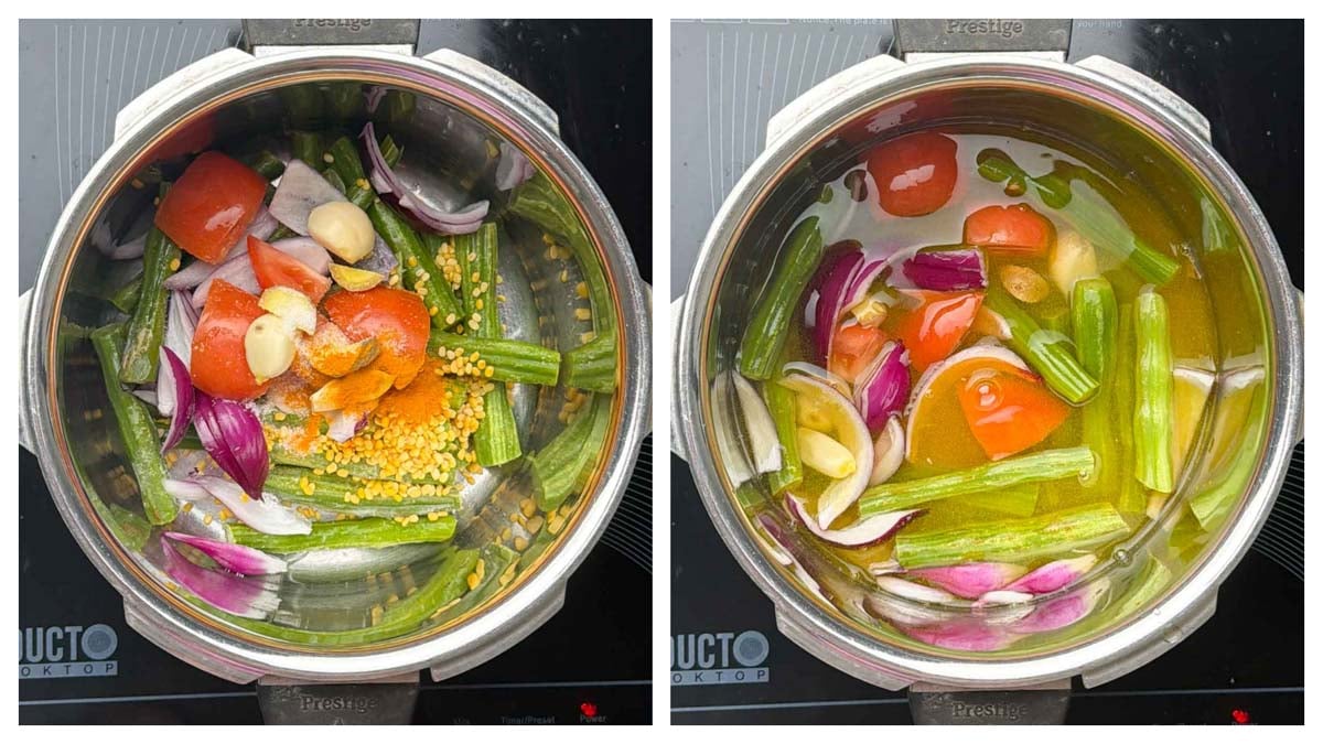 Step to pressure cook drumstick pods, onion, tomato and spices collage