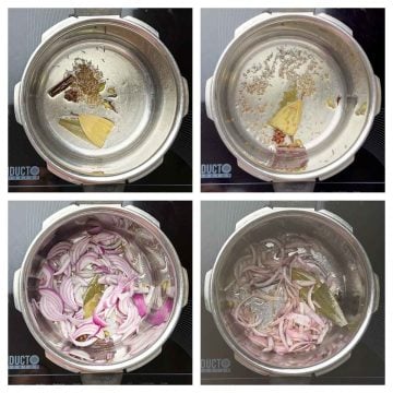 Step to saute onions and spices in the pressure cooker collage