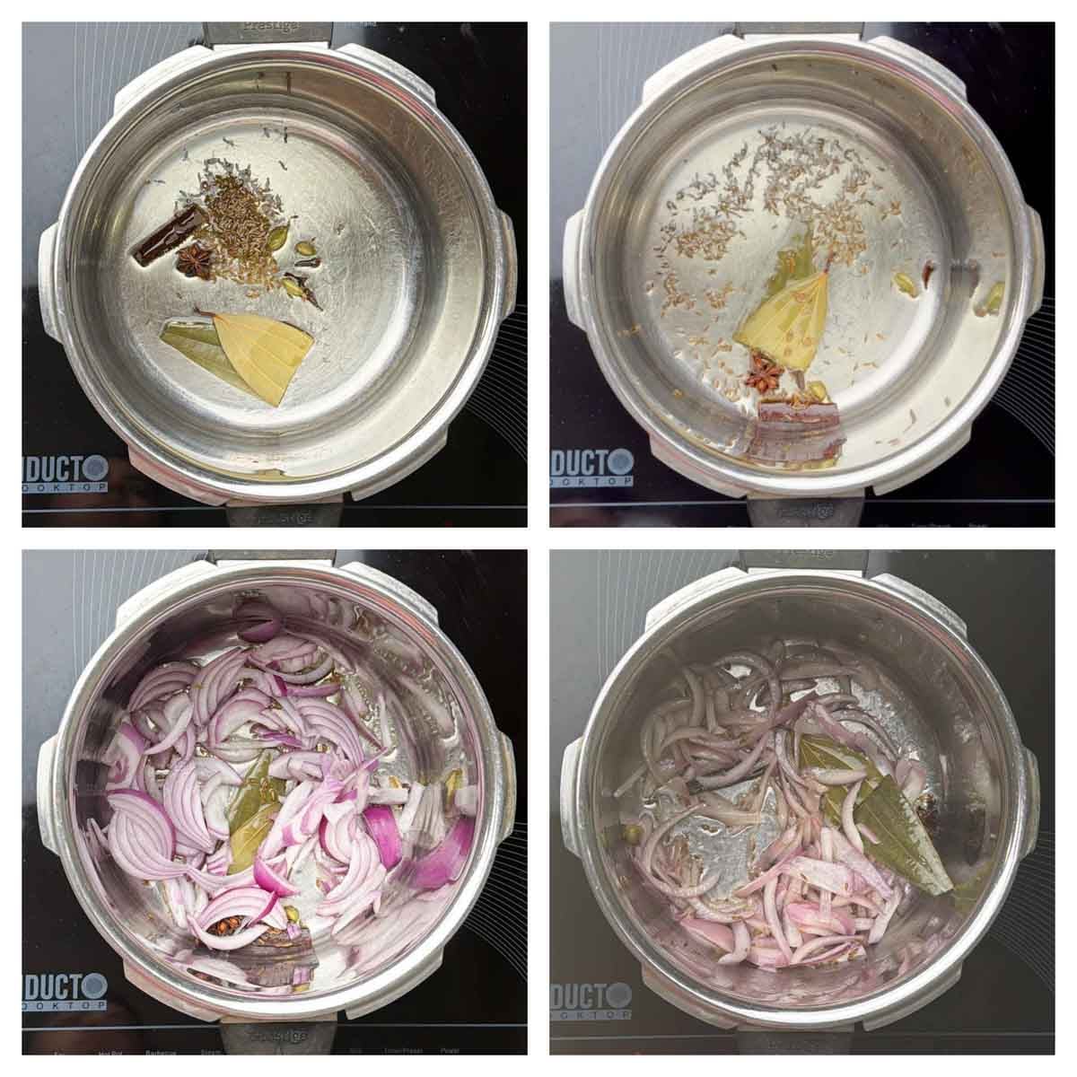 Step to saute onions and spices in the pressure cooker collage