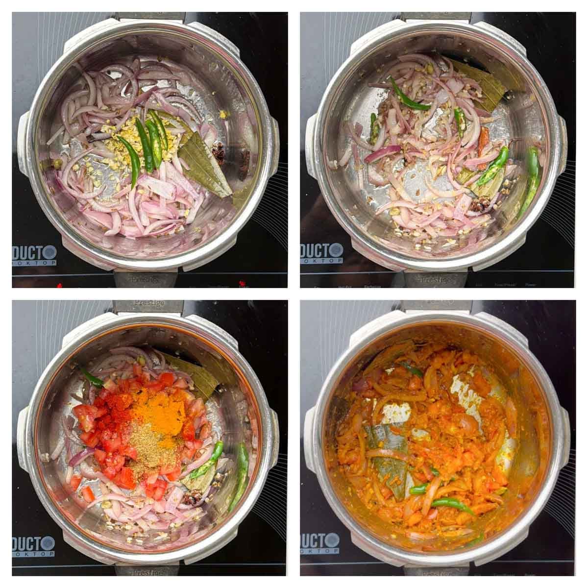 Step to saute tomatoes and spices collage