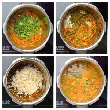 Step to add herbs like mint and coriander leaves and rice collage