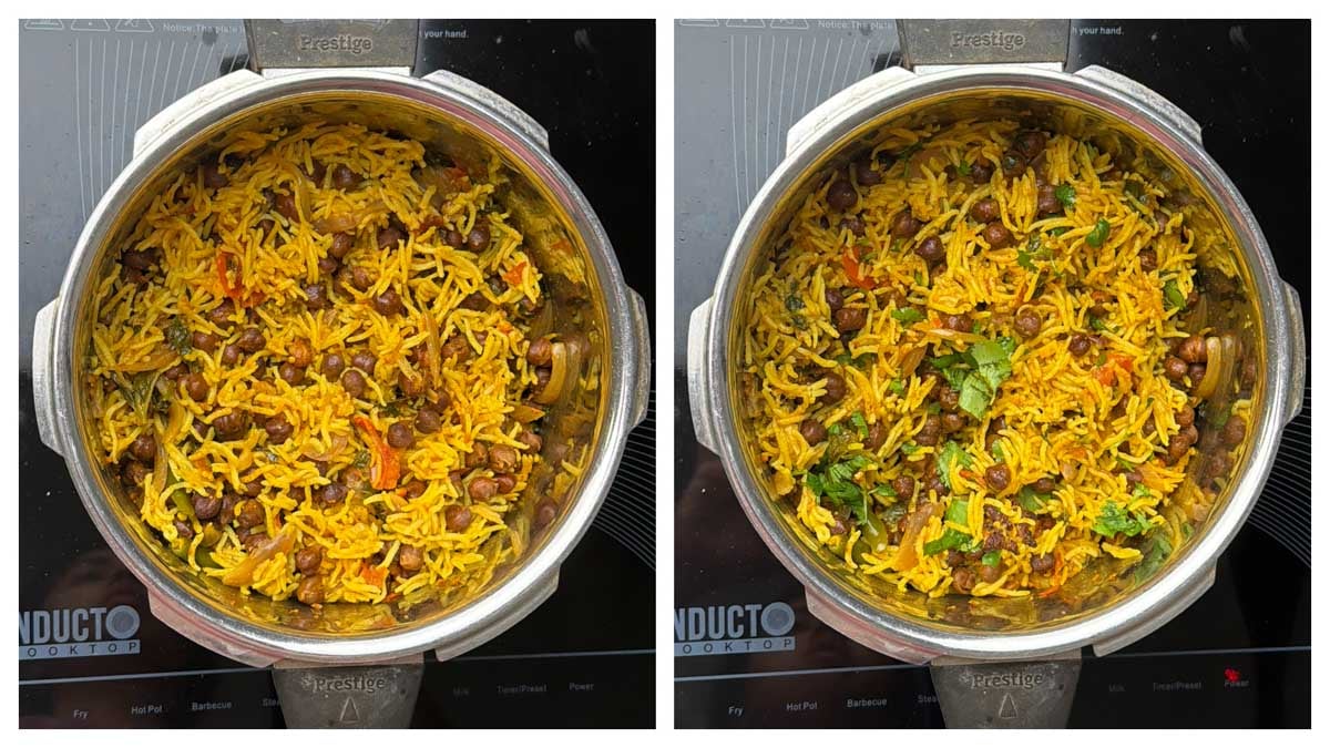 Pressure cooked black chana pulao in a cooker collage