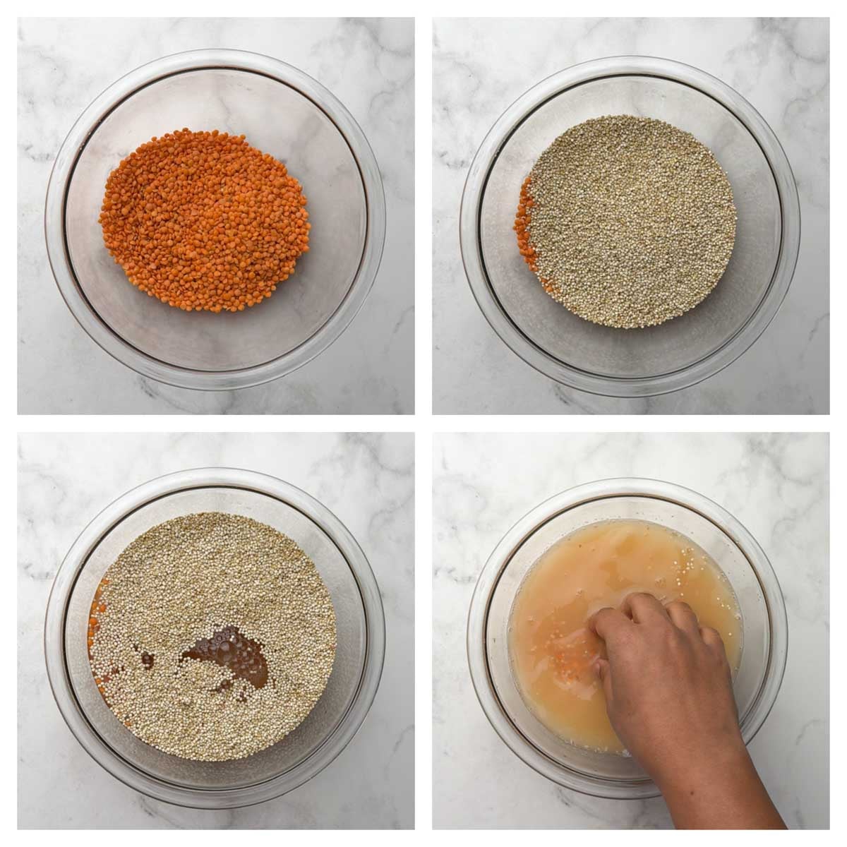 Step to rinse masoor dal and red lentils collage.