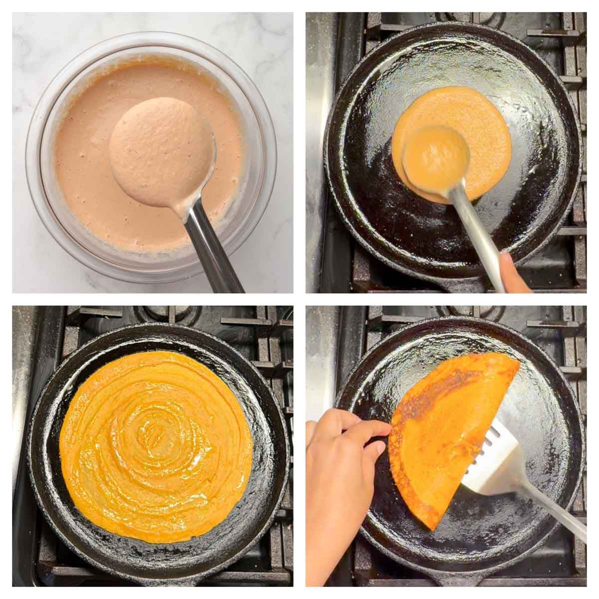 Step to make masoor quinoa dosa on a hot skillet collage