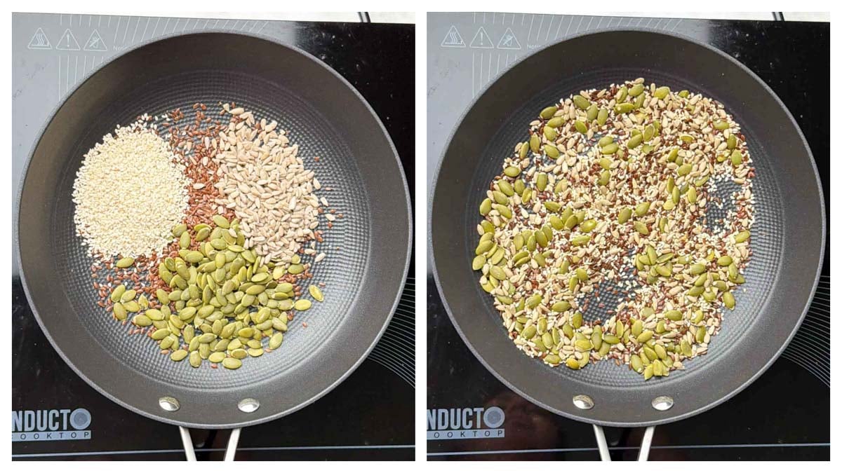 Step to dry roast pumpkin seeds, flax seeds, sunflower seeds and sesame seeds on low flame collage.