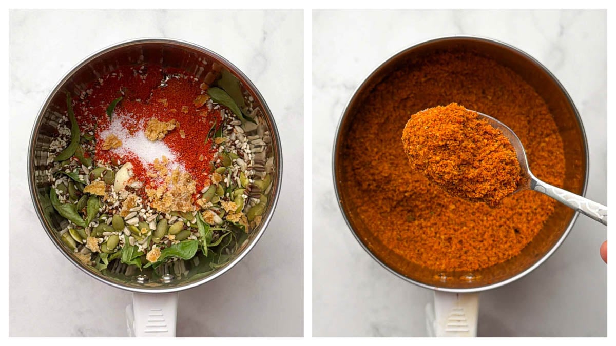 Step to dry grind the roasted seeds and spices to fine powder collage