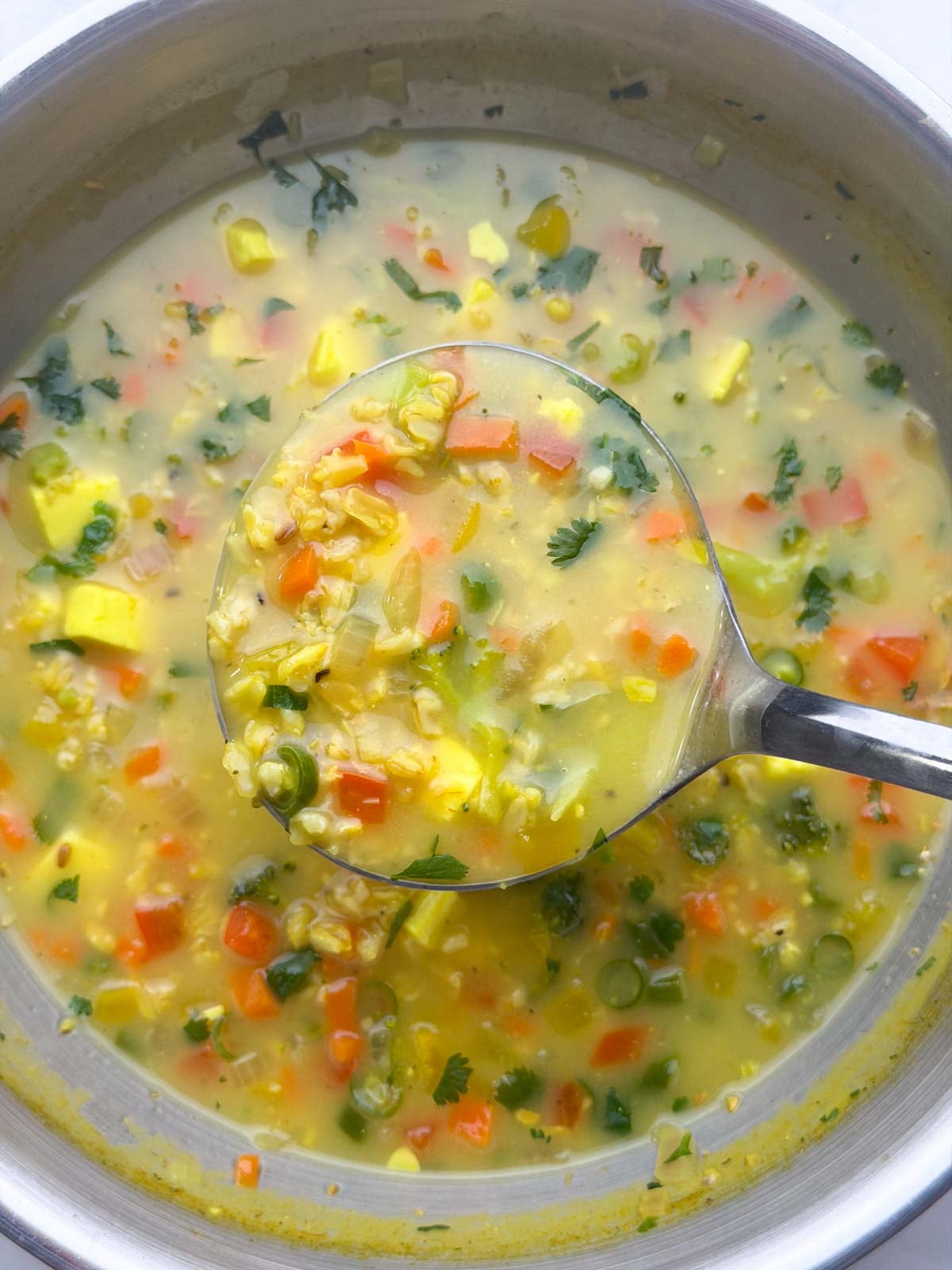 A laddle full of vegetable oats soup