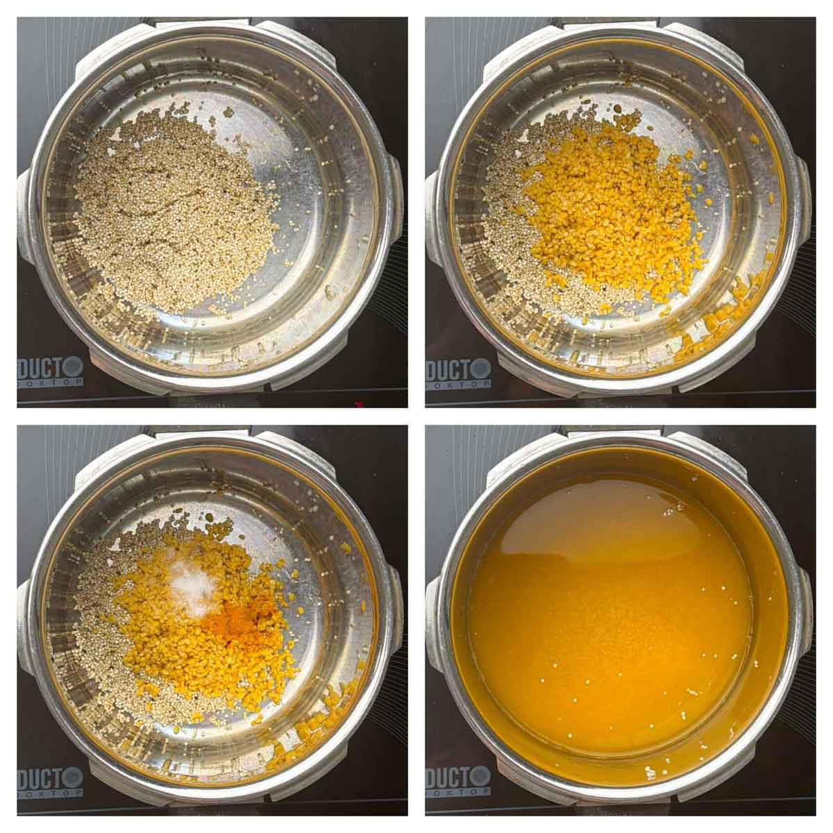 Step to cook quinoa and moong dal in the pressure cooker collage.