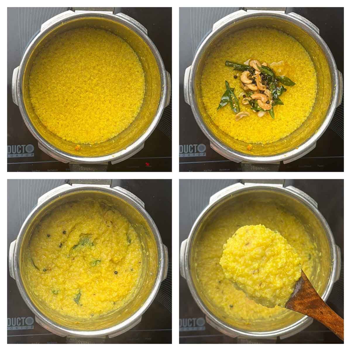 Step to add the ghee tempering to the cooked quinoa pongal collage