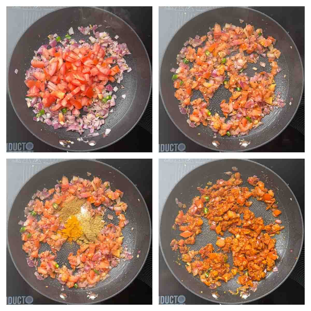 Step to cook the tomatoes with spices collage