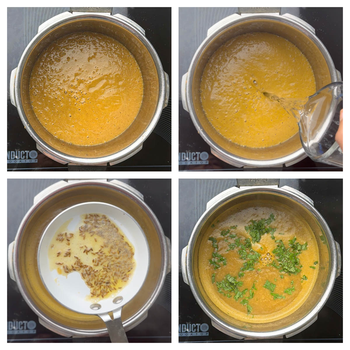 Step to boil the soup and add cumin ghee tempering collage