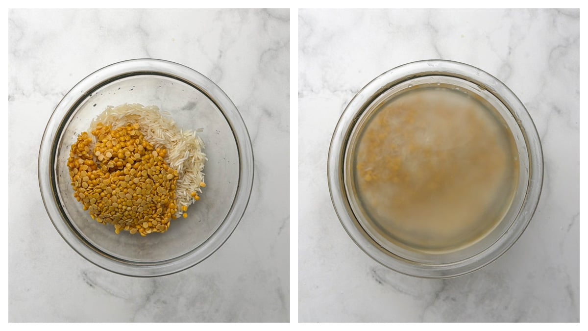 Step to soak rice and dal in a glass container with water collage