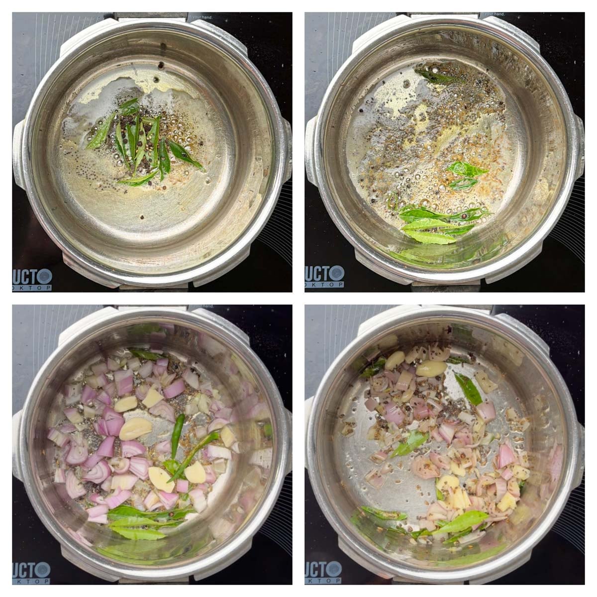 Step to prepare the tempering in a pressure cooker and saute onions collage