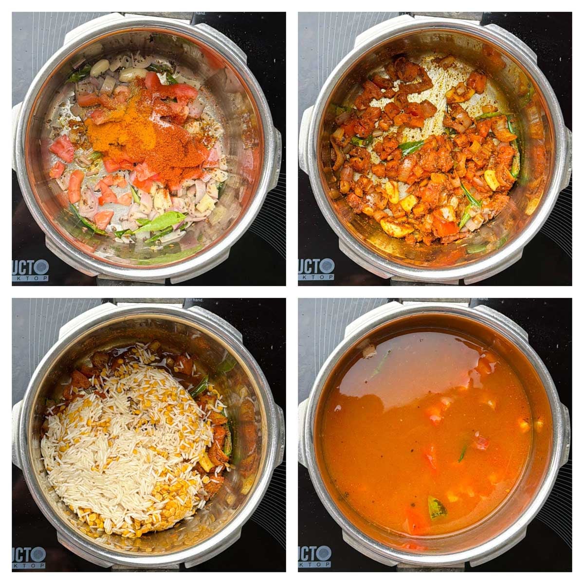 Step to cook tomato with spices and add soaked toor dal and rice collage