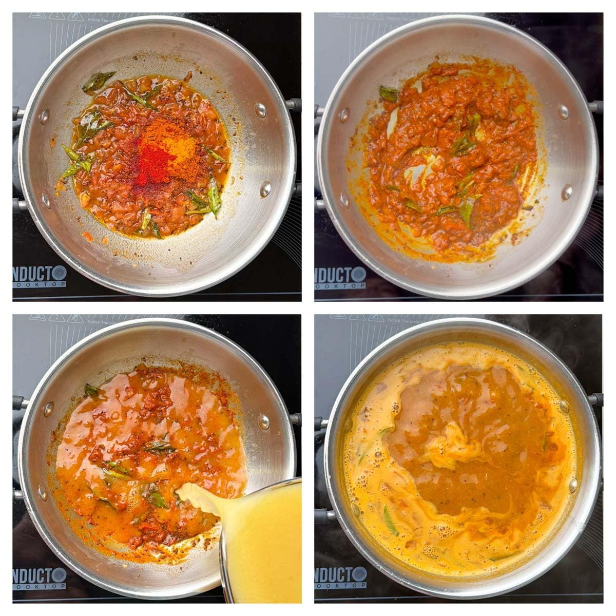 Step to add the boiled dal water to the tomato mixture collage
