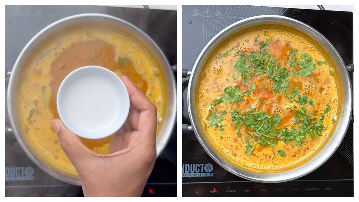 Step to add the coconut milk and coriander leaves to the tomato rasam collage